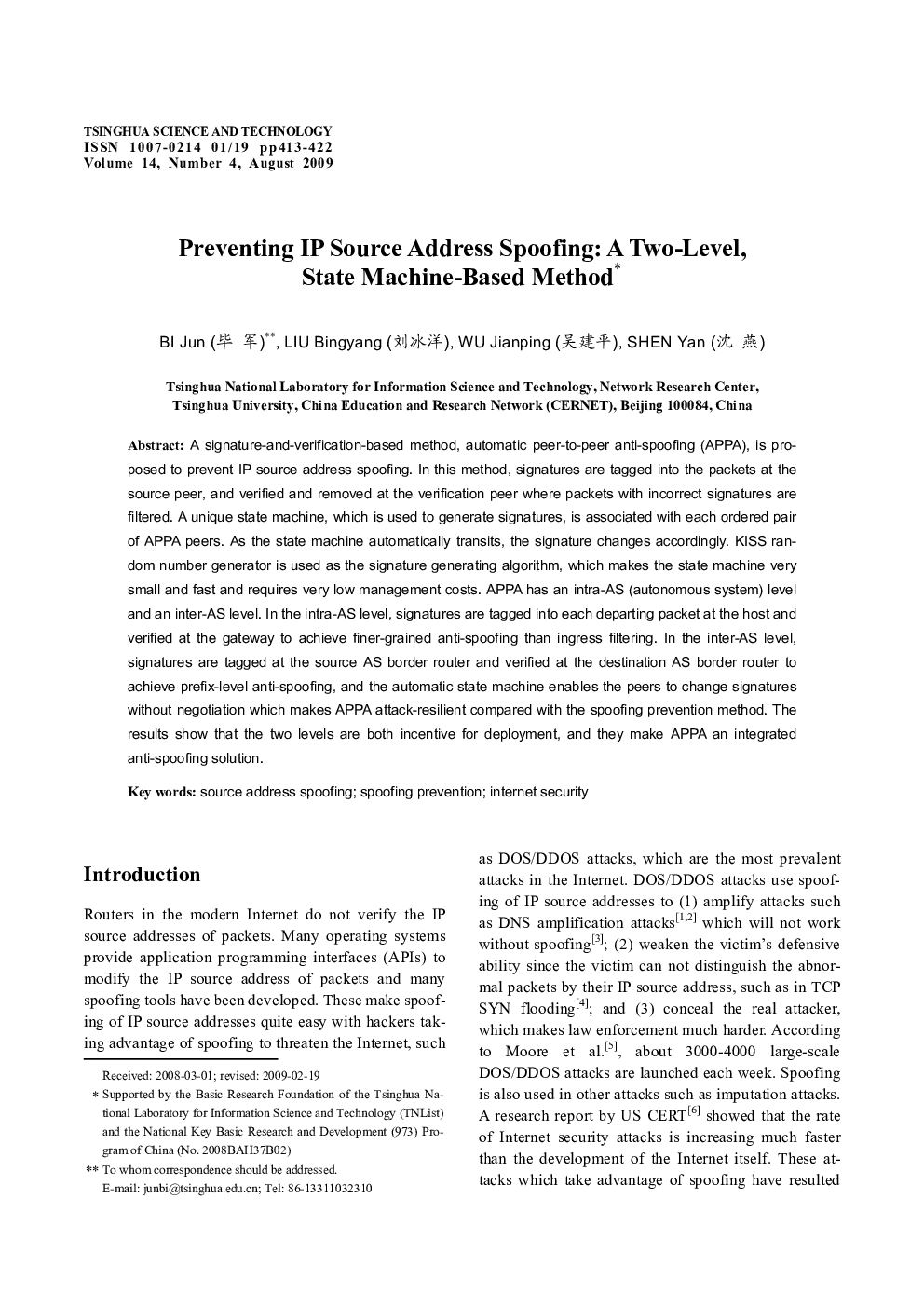 Preventing IP Source Address Spoofing: A Two-Level, State Machine-Based Method