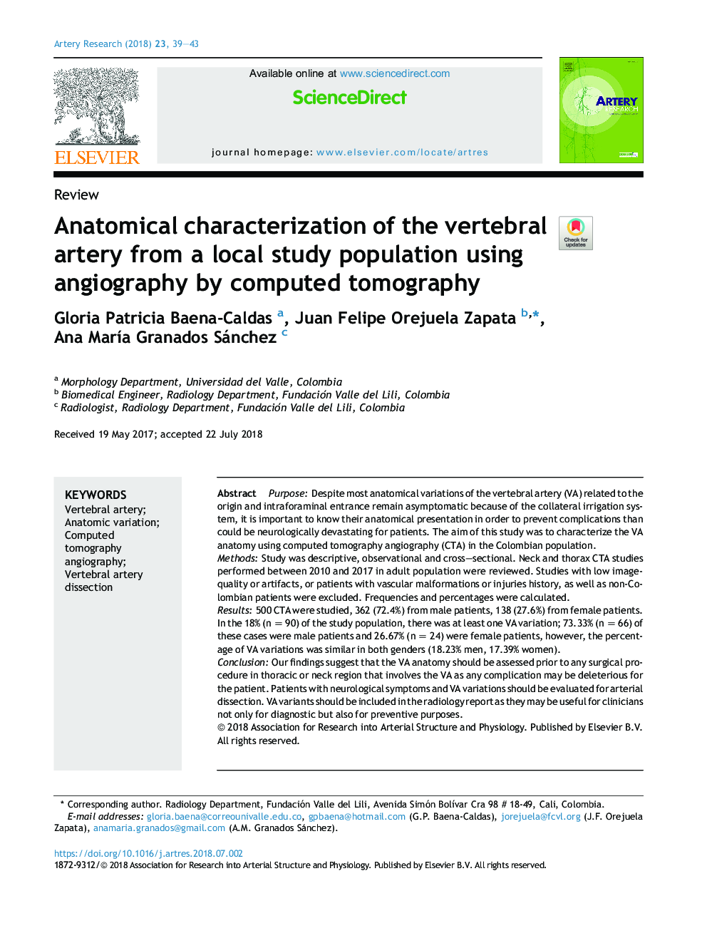 Anatomical characterization of the vertebral artery from a local study population using angiography by computed tomography