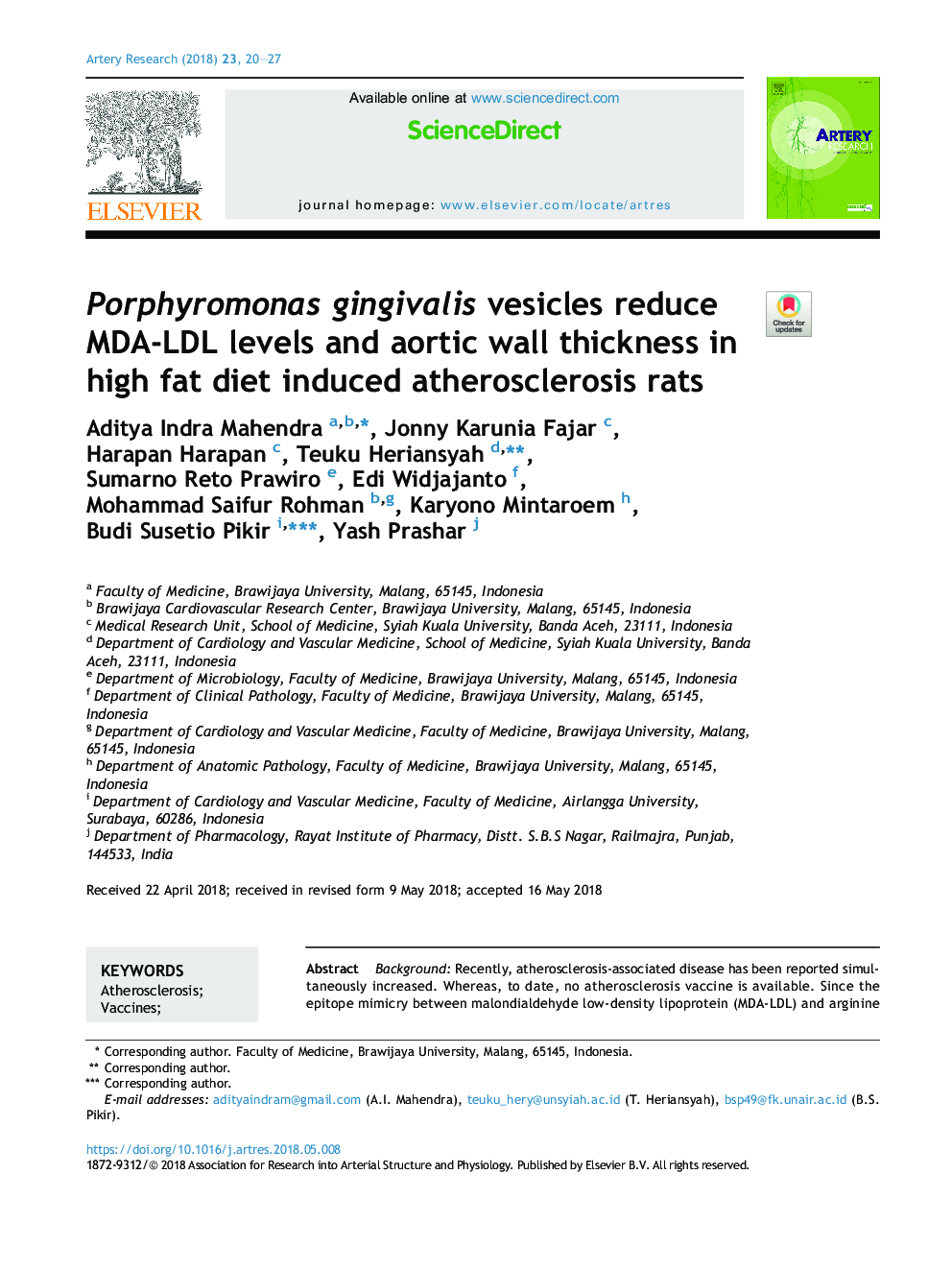 Porphyromonas gingivalis vesicles reduce MDA-LDL levels and aortic wall thickness in high fat diet induced atherosclerosis rats