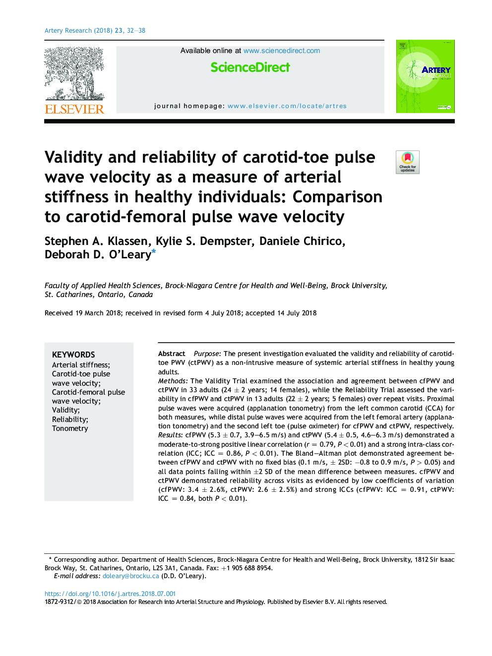 Validity and reliability of carotid-toe pulse wave velocity as a measure of arterial stiffness in healthy individuals: Comparison to carotid-femoral pulse wave velocity