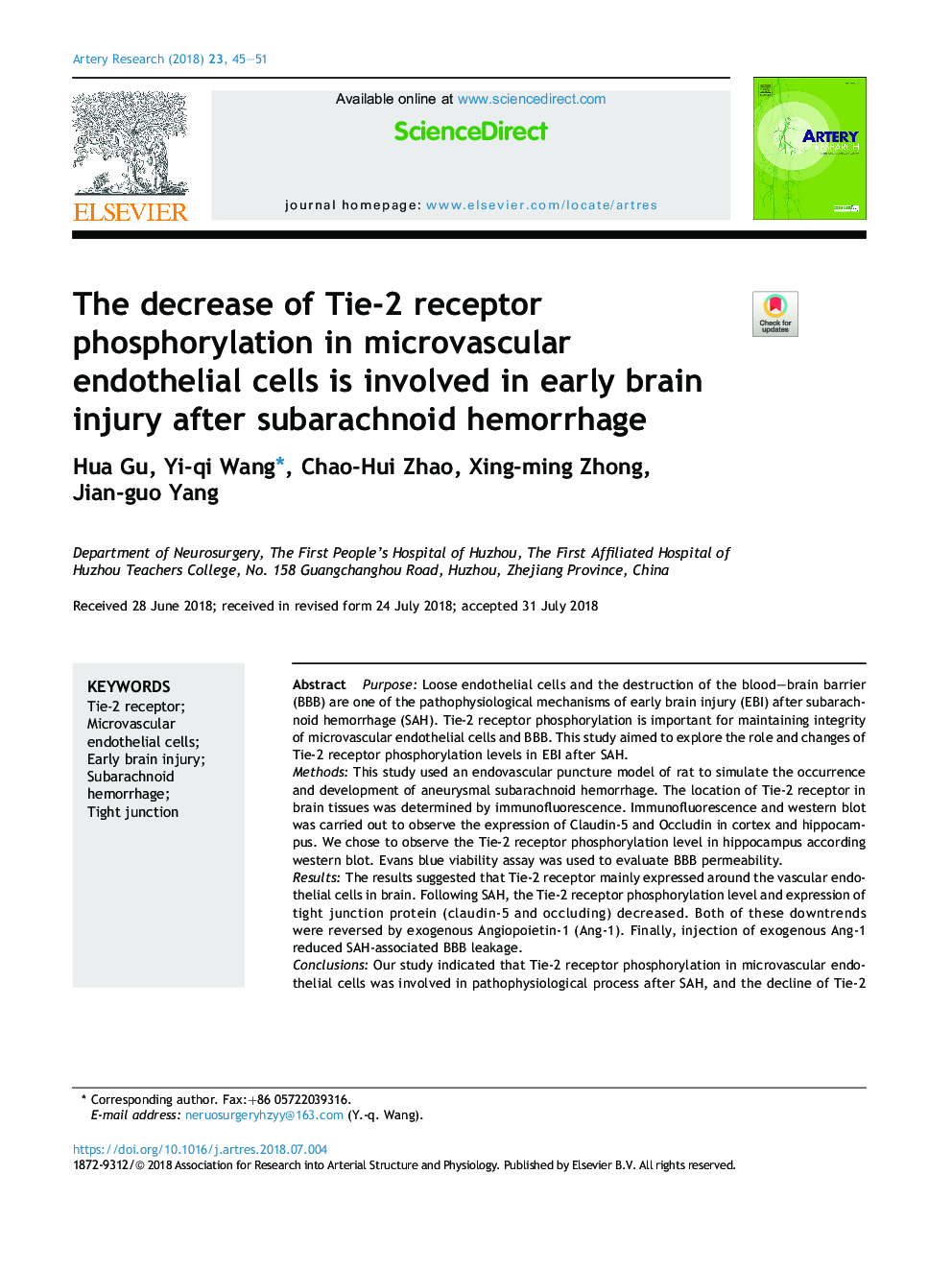 The decrease of Tie-2 receptor phosphorylation in microvascular endothelial cells is involved in early brain injury after subarachnoid hemorrhage