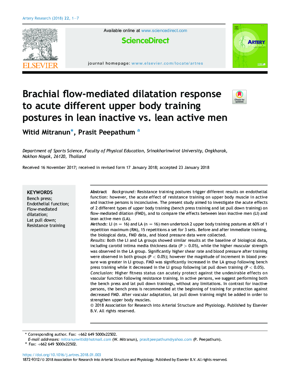 Brachial flow-mediated dilatation response to acute different upper body training postures in lean inactive vs. lean active men