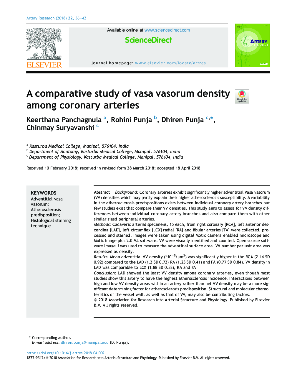 A comparative study of vasa vasorum density among coronary arteries
