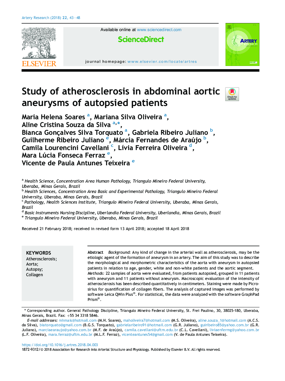 Study of atherosclerosis in abdominal aortic aneurysms of autopsied patients