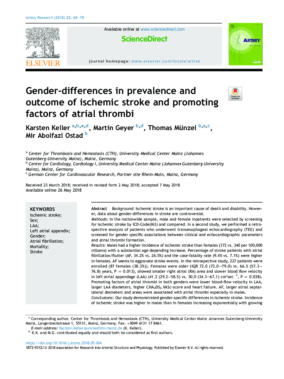 Gender-differences in prevalence and outcome of ischemic stroke and promoting factors of atrial thrombi