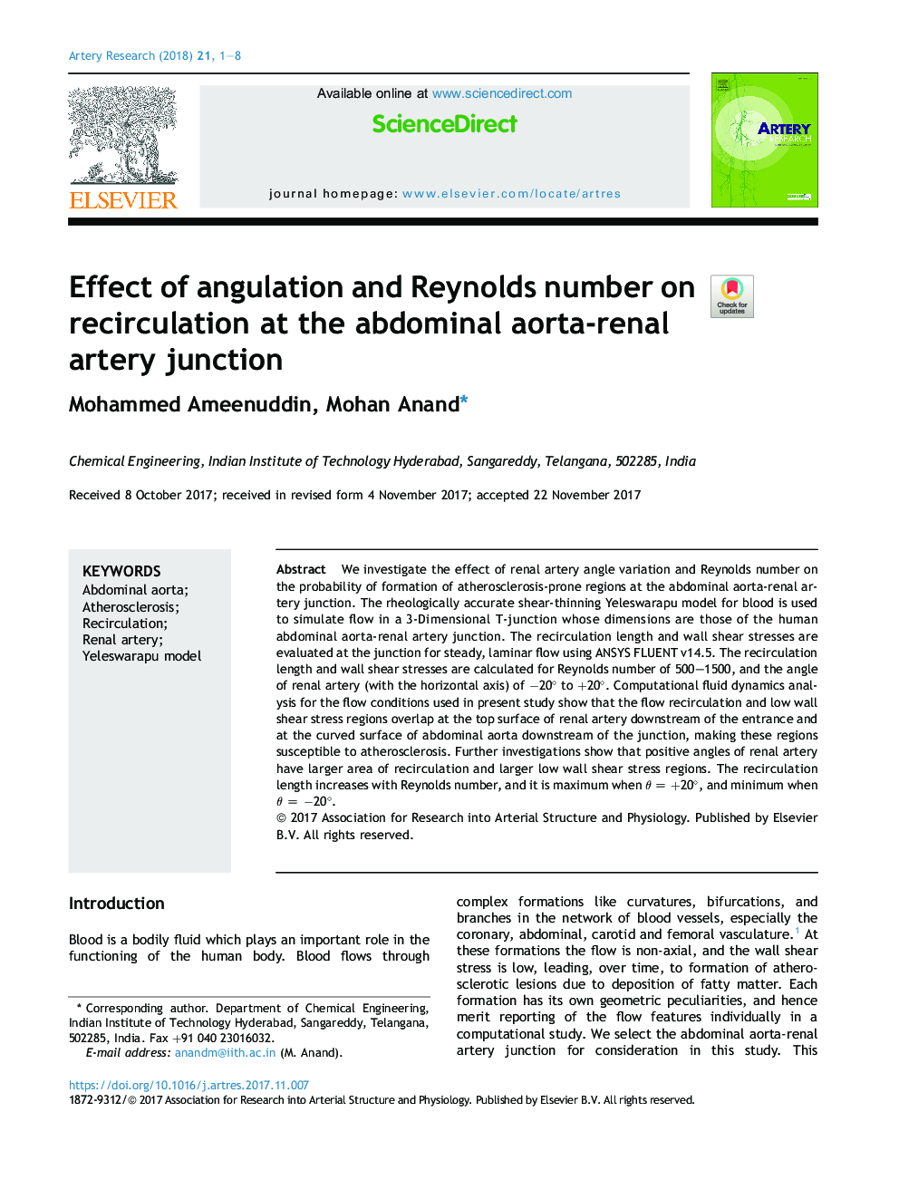 Effect of angulation and Reynolds number on recirculation at the abdominal aorta-renal artery junction
