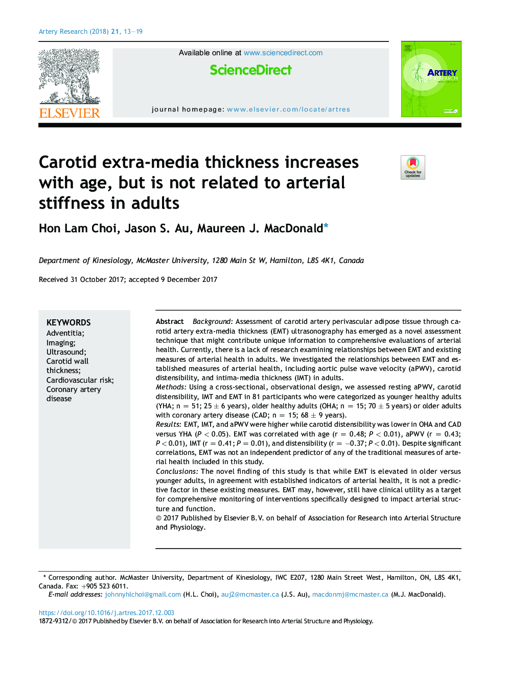 Carotid extra-media thickness increases with age, but is not related to arterial stiffness in adults