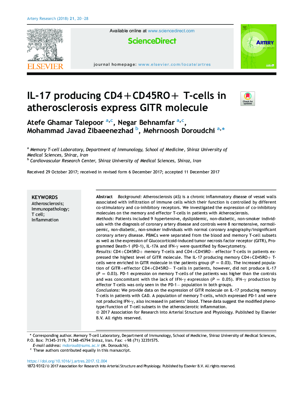 IL-17 producing CD4+CD45RO+ T-cells in atherosclerosis express GITR molecule