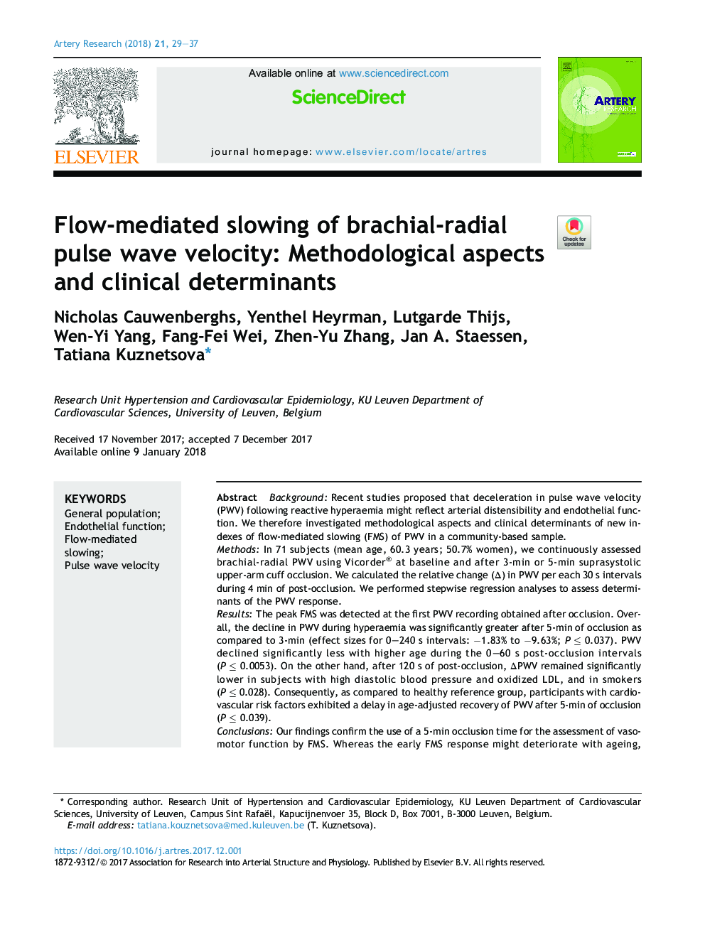 Flow-mediated slowing of brachial-radial pulse wave velocity: Methodological aspects and clinical determinants