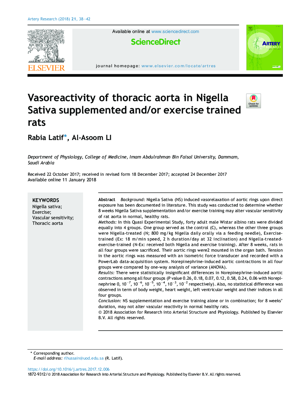 Vasoreactivity of thoracic aorta in Nigella Sativa supplemented and/or exercise trained rats