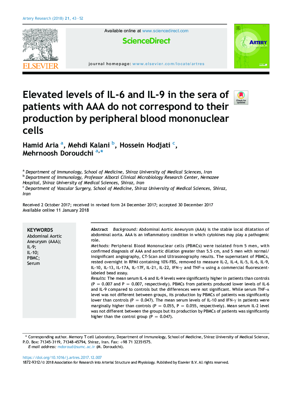 Elevated levels of IL-6 and IL-9 in the sera of patients with AAA do not correspond to their production by peripheral blood mononuclear cells
