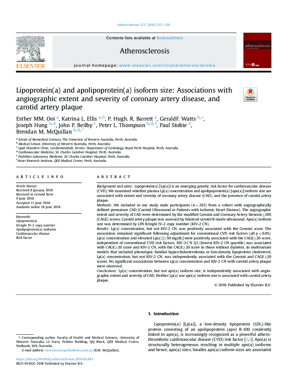 Lipoprotein(a) and apolipoprotein(a) isoform size: Associations with angiographic extent and severity of coronary artery disease, and carotid artery plaque