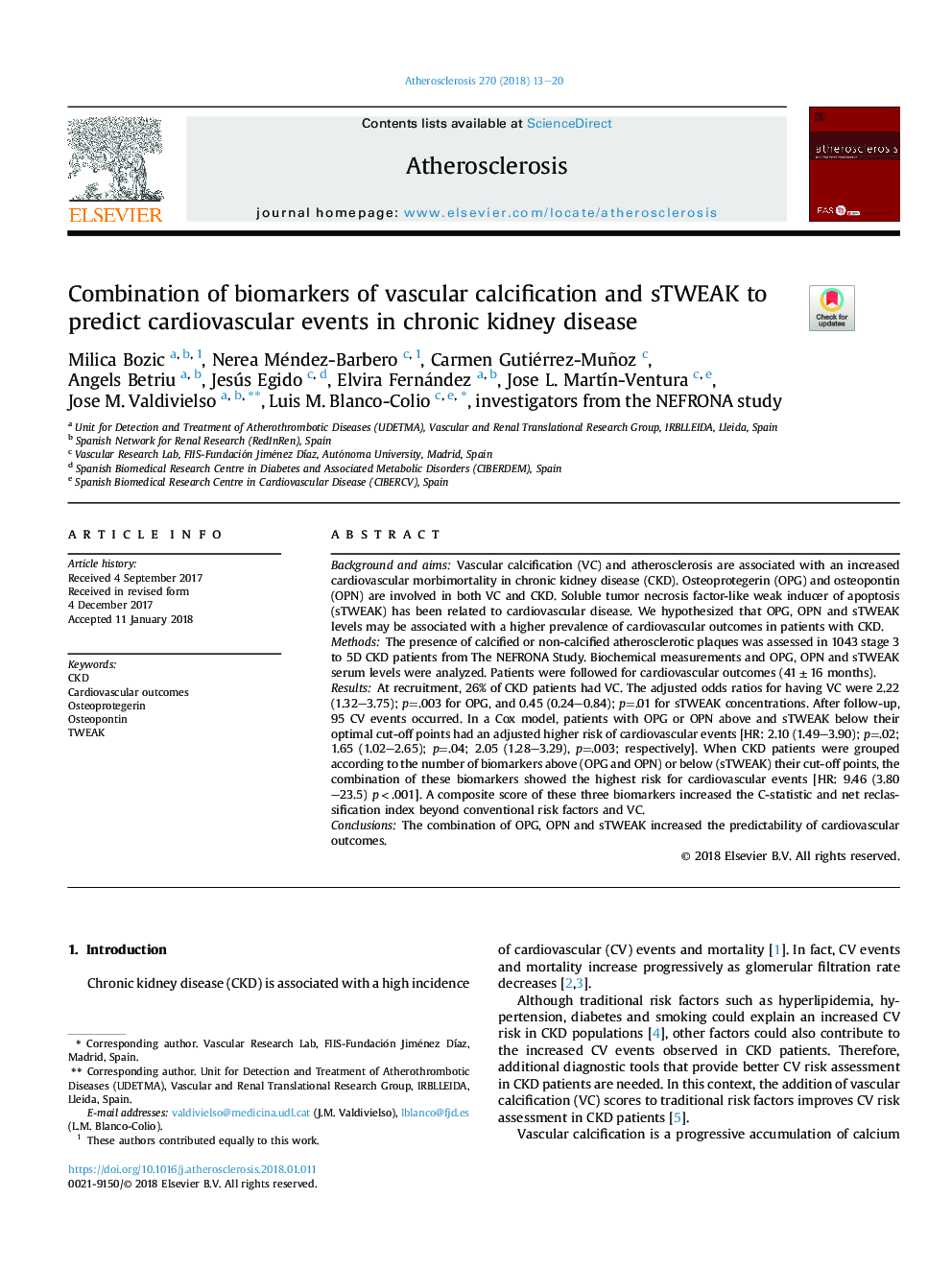 Combination of biomarkers of vascular calcification and sTWEAK to predict cardiovascular events in chronic kidney disease