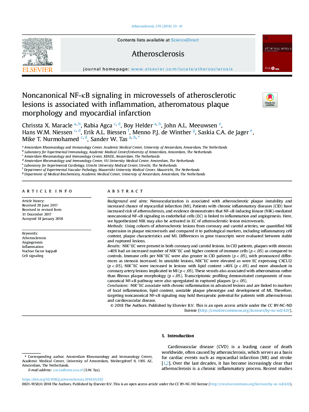 عکس صفحه اول مقاله: Noncanonical NF-κB signaling in microvessels of atherosclerotic lesions is associated with inflammation, atheromatous plaque morphology and myocardial infarction Noncanonical NF-κB signaling in microvessels of atherosclerotic lesions is associated with inflammation, atheromatous plaque morphology and myocardial infarction