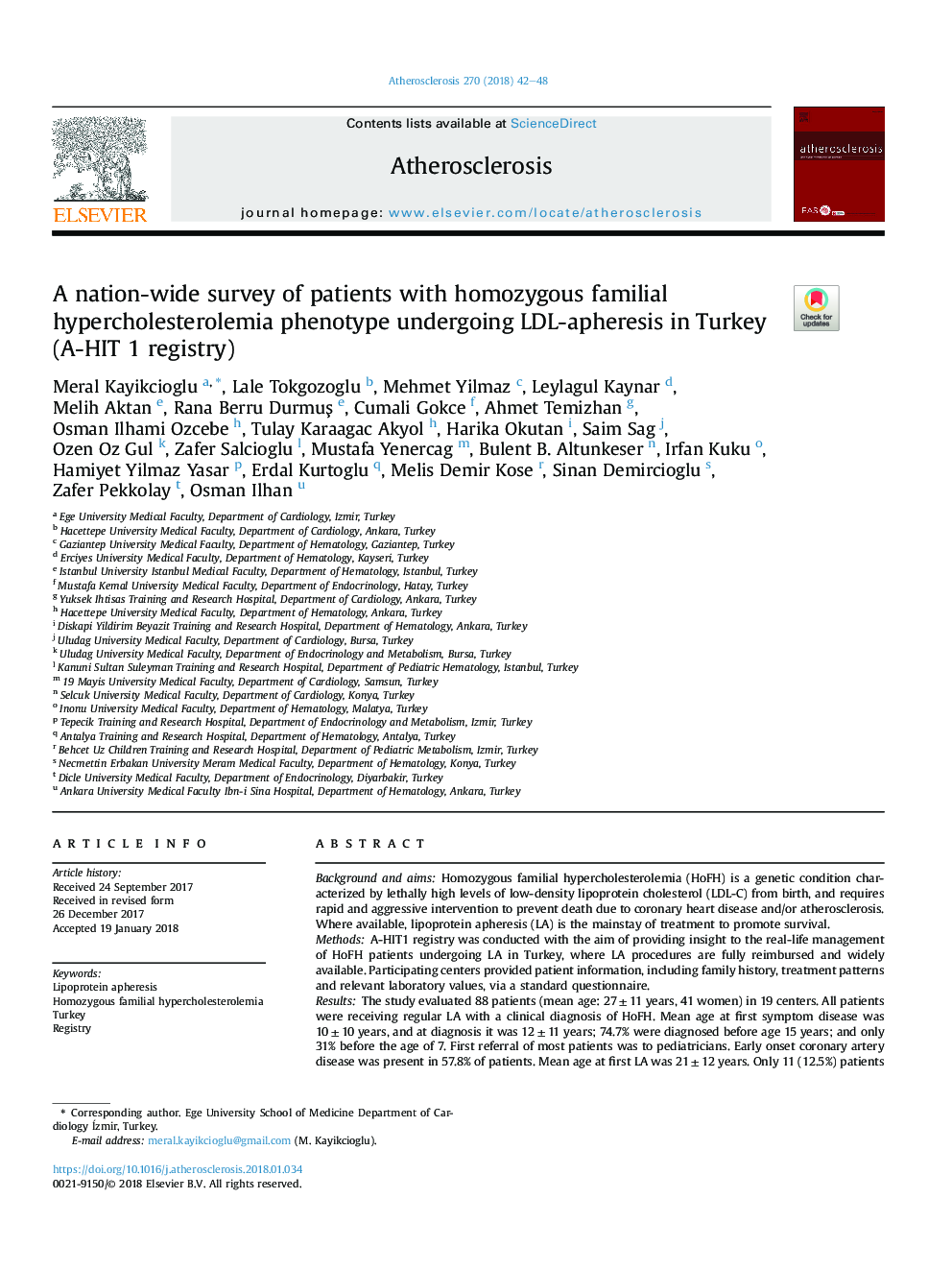 A nation-wide survey of patients with homozygous familial hypercholesterolemia phenotype undergoing LDL-apheresis in Turkey (A-HIT 1 registry)