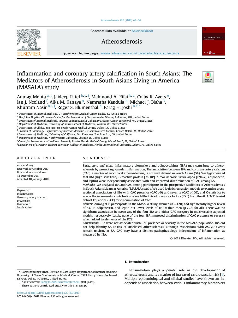 Inflammation and coronary artery calcification in South Asians: The Mediators of Atherosclerosis in South Asians Living in America (MASALA) study