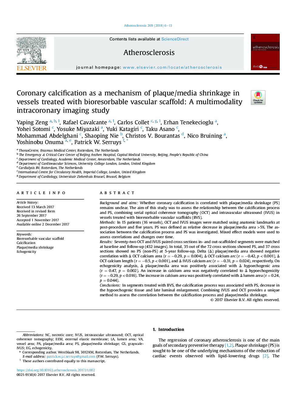 Coronary calcification as a mechanism of plaque/media shrinkage in vessels treated with bioresorbable vascular scaffold: A multimodality intracoronary imaging study