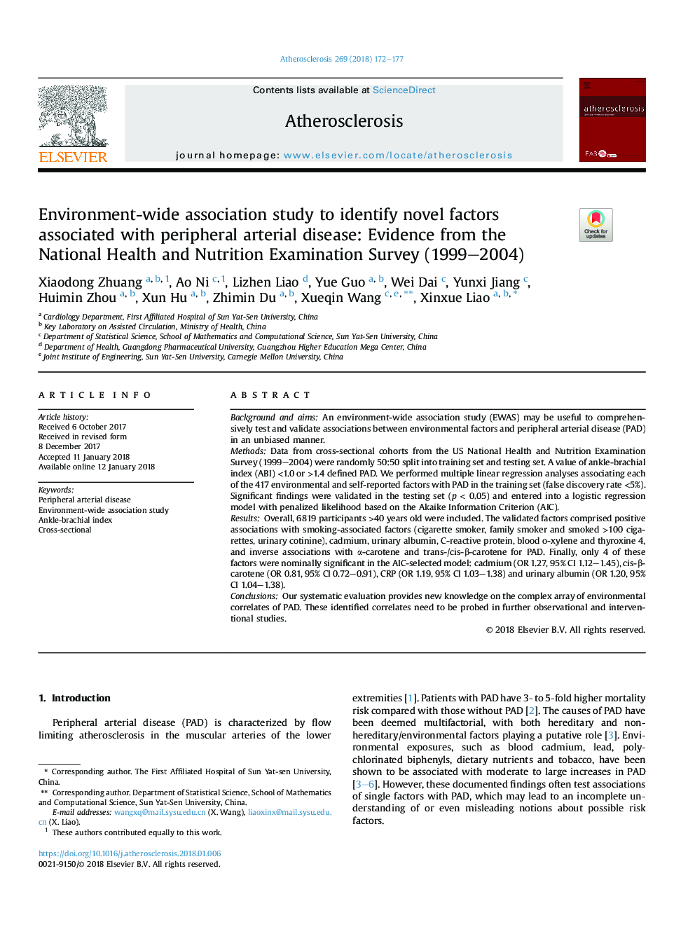 مطالعه مرتبط با محیط زیست برای شناسایی عوامل جدید مرتبط با بیماری شریانی محیطی: شواهد از نظر سنجی بهداشت و تغذیه ملی (1999-2004) 