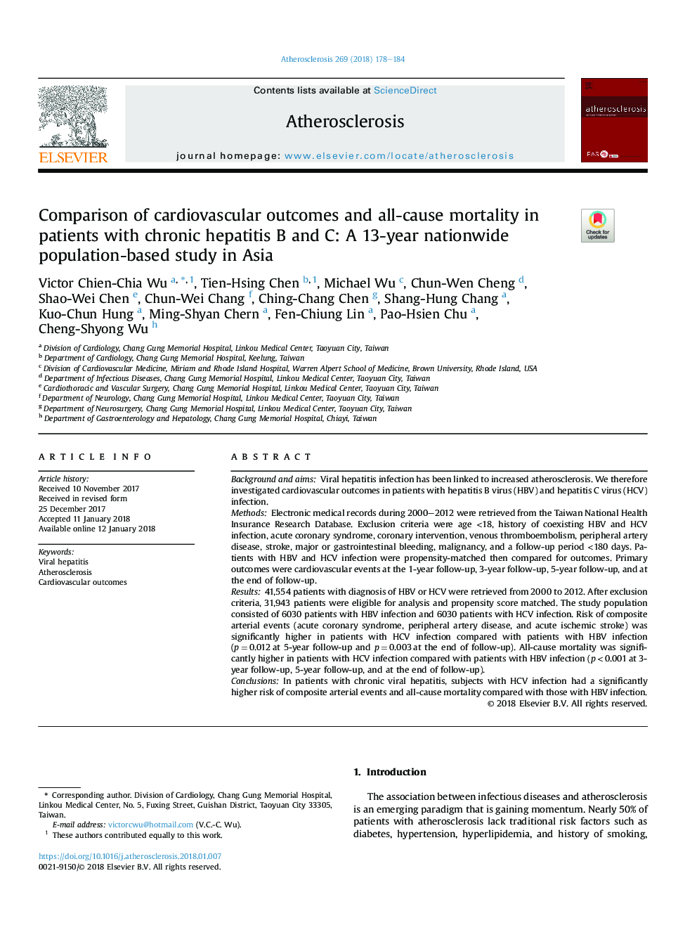 Comparison of cardiovascular outcomes and all-cause mortality in patients with chronic hepatitis B and C: A 13-year nationwide population-based study in Asia