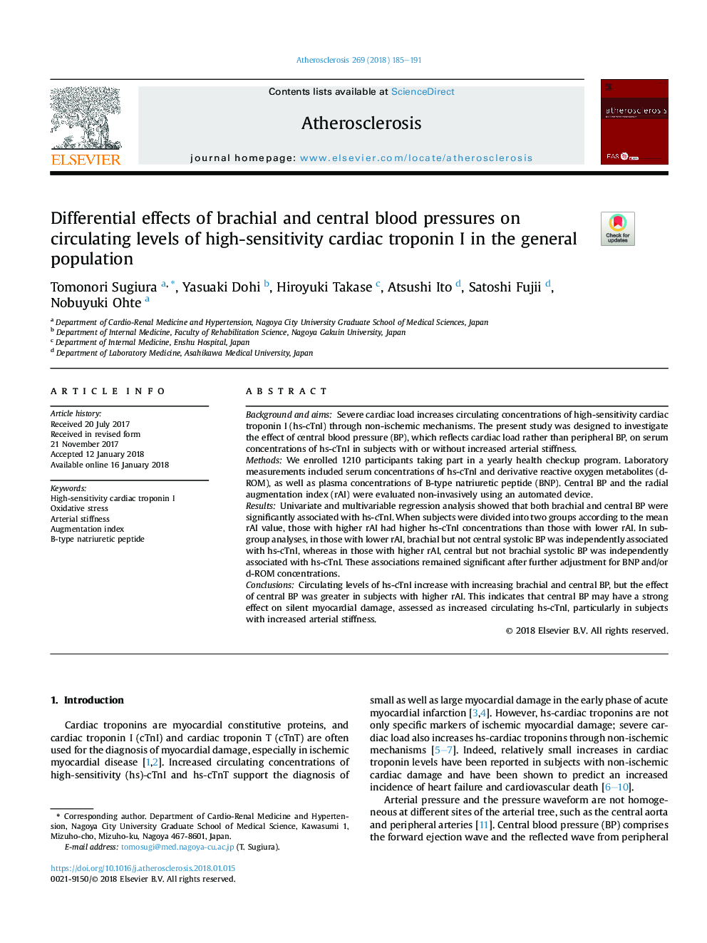 Differential effects of brachial and central blood pressures on circulating levels of high-sensitivity cardiac troponin I in the general population