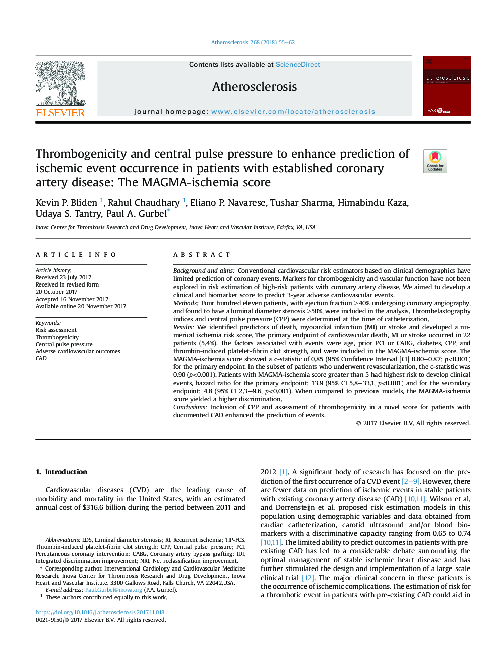 Thrombogenicity and central pulse pressure to enhance prediction of ischemic event occurrence in patients with established coronary artery disease: The MAGMA-ischemia score