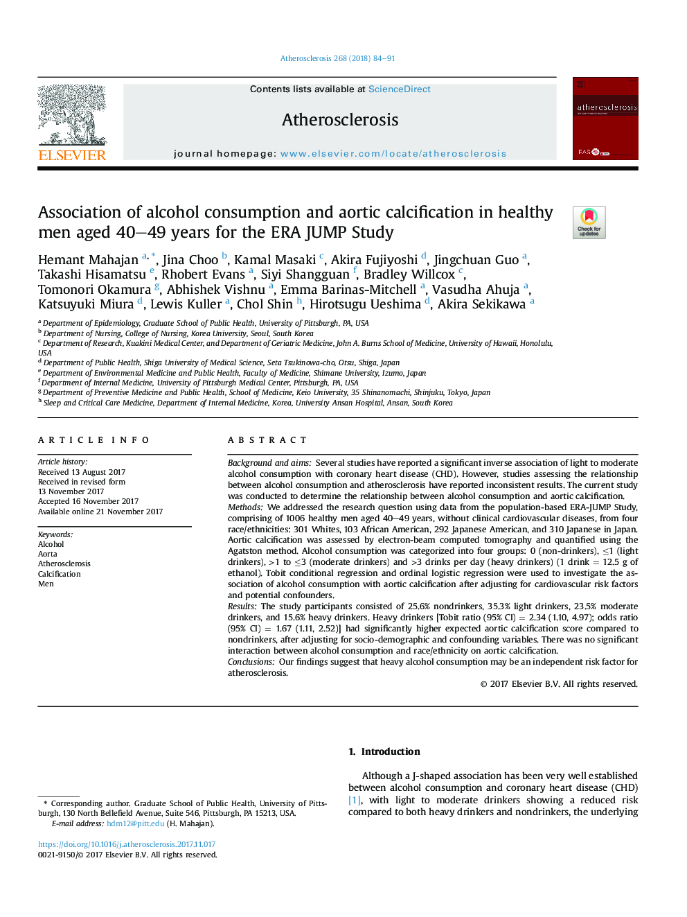 Association of alcohol consumption and aortic calcification in healthy men aged 40-49 years for the ERA JUMP Study