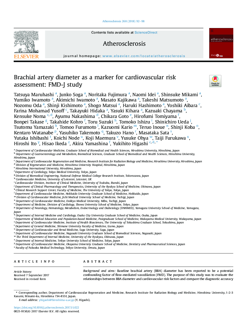 Brachial artery diameter as a marker for cardiovascular risk assessment: FMD-J study