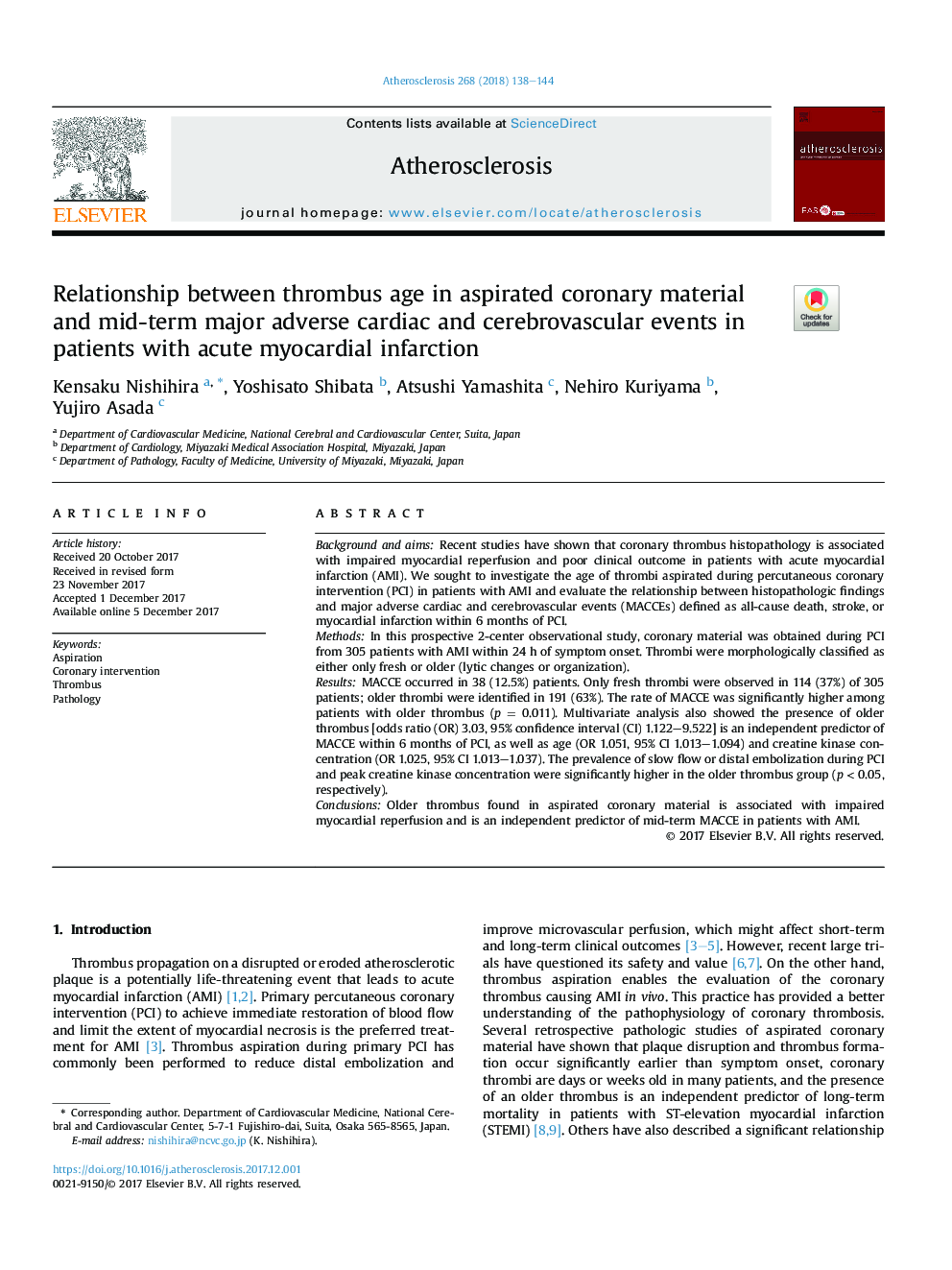 Relationship between thrombus age in aspirated coronary material and mid-term major adverse cardiac and cerebrovascular events in patients with acute myocardial infarction