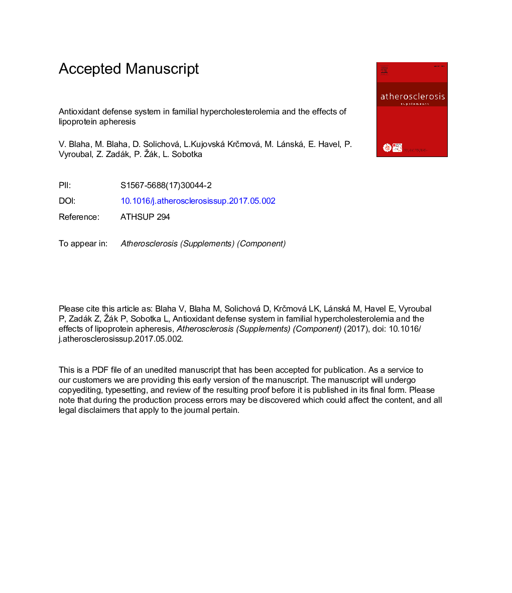 Antioxidant defense system in familial hypercholesterolemia and the effects of lipoprotein apheresis