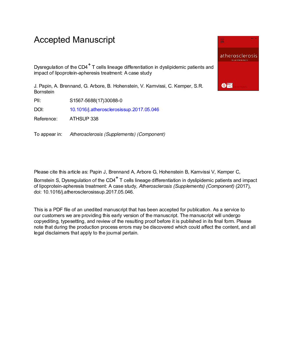 Dysregulation of the CD4+ T cells lineage differentiation in dyslipidemic patients and impact of lipoprotein-apheresis treatment: A case study