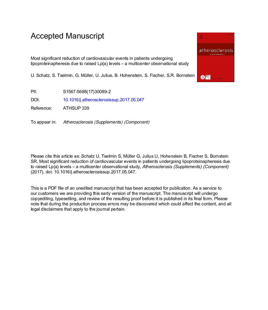 Most significant reduction of cardiovascular events in patients undergoing lipoproteinapheresis due to raised Lp(a) levels - A multicenter observational study