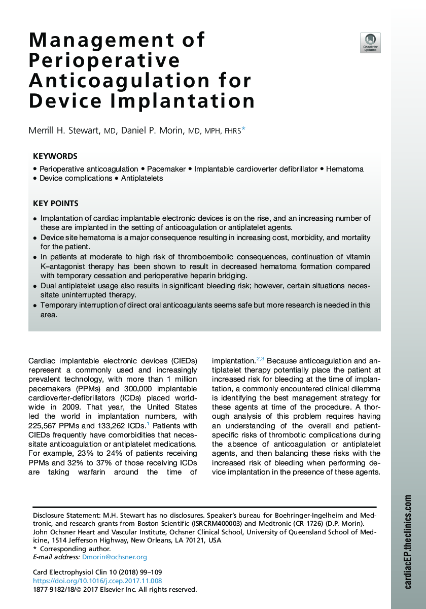 Management of Perioperative Anticoagulation for Device Implantation