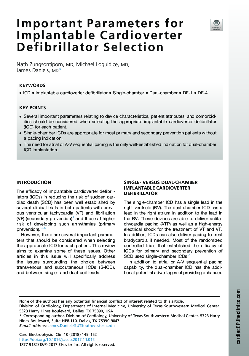 Important Parameters for Implantable Cardioverter Defibrillator Selection