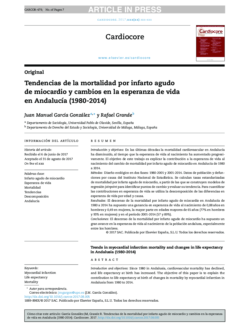 Tendencias de la mortalidad por infarto agudo de miocardio y cambios en la esperanza de vida en AndalucÃ­a (1980-2014)