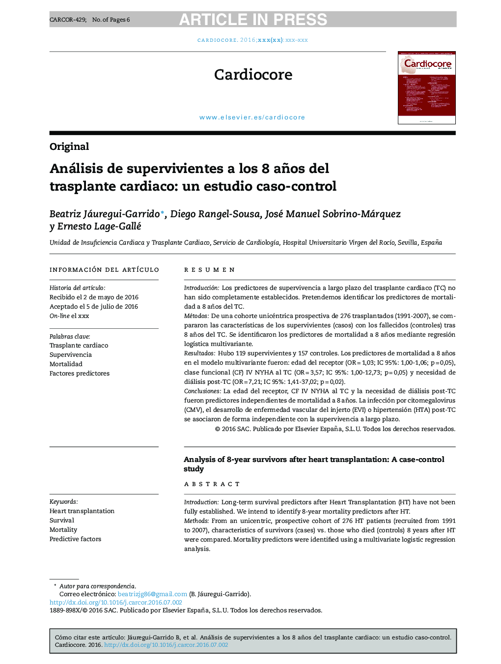 Análisis de supervivientes a los 8 años del trasplante cardiaco: un estudio caso-control