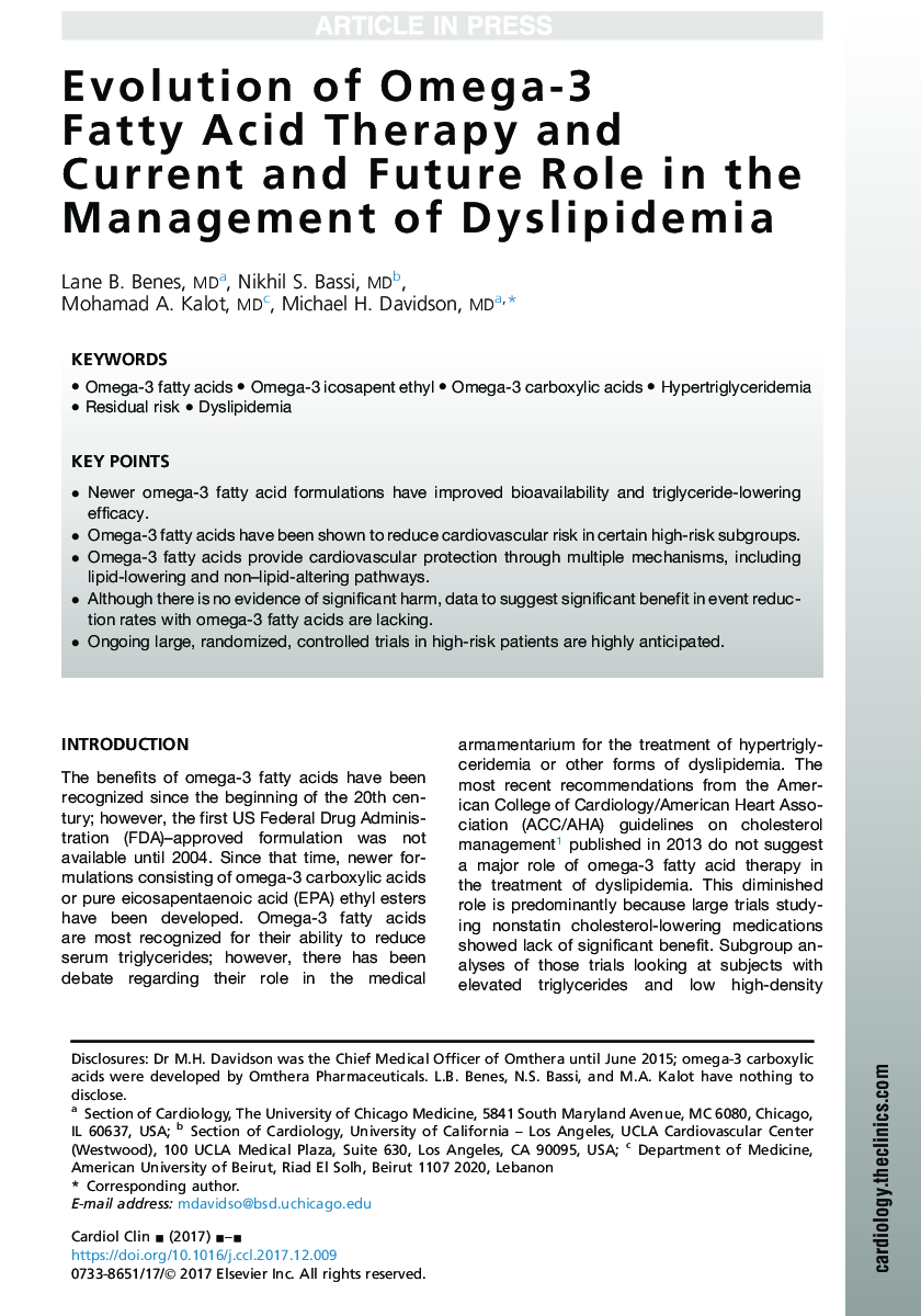Evolution of Omega-3 Fatty Acid Therapy and Current and Future Role in the Management of Dyslipidemia