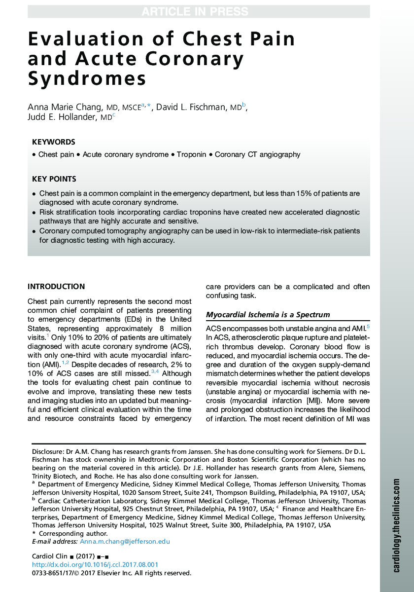 Evaluation of Chest Pain and Acute Coronary Syndromes