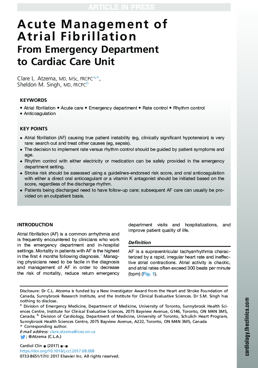 Acute Management of Atrial Fibrillation