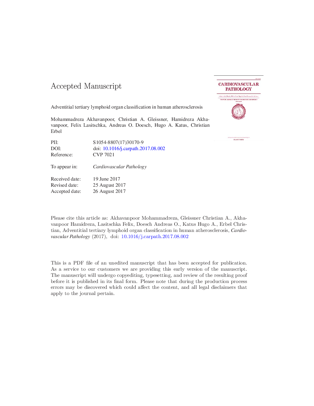 Adventitial tertiary lymphoid organ classification in human atherosclerosis