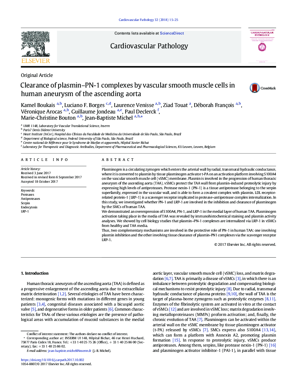 Clearance of plasmin-PN-1 complexes by vascular smooth muscle cells in human aneurysm of the ascending aorta