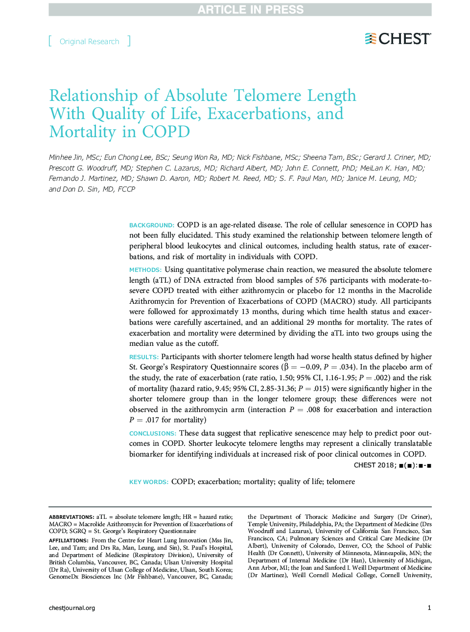 Relationship of Absolute Telomere Length With Quality of Life, Exacerbations, and Mortality in COPD