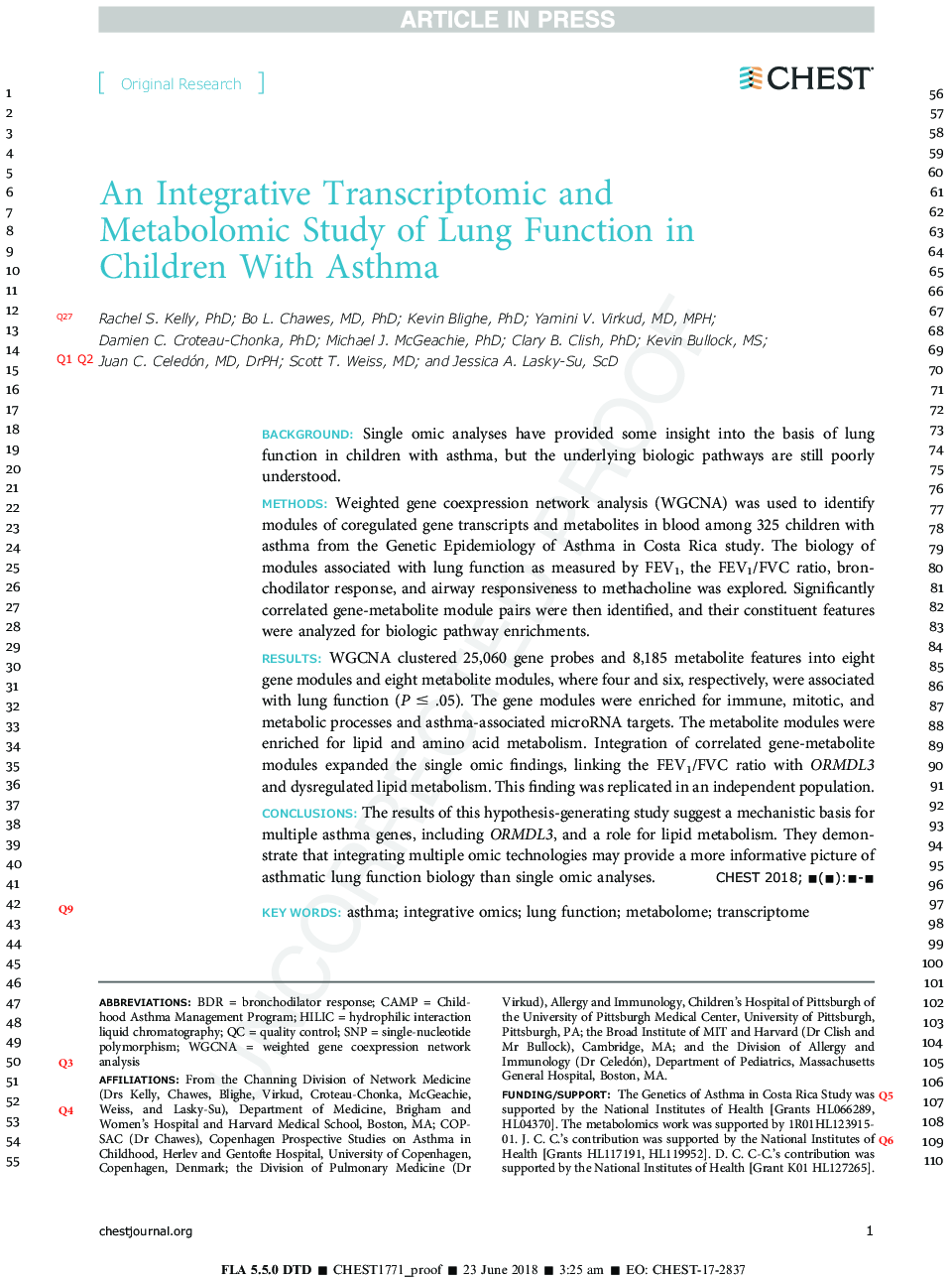 An Integrative Transcriptomic and Metabolomic Study of Lung Function in Children With Asthma