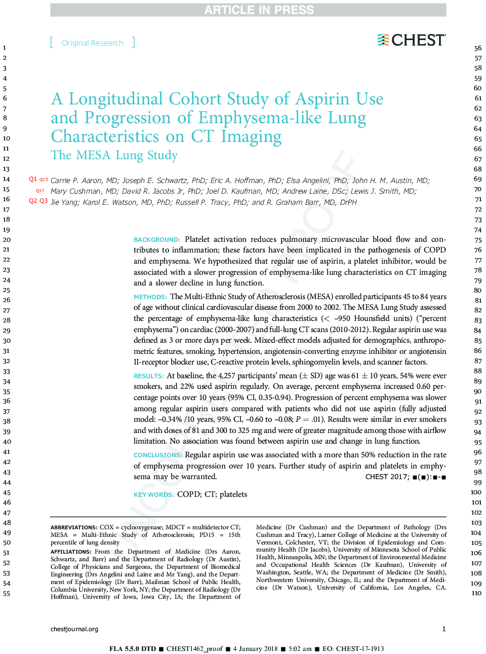 A Longitudinal Cohort Study of Aspirin Use and Progression of Emphysema-like Lung Characteristics on CT Imaging