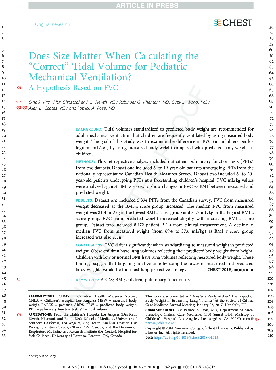 Does Size Matter When Calculating the “Correct” Tidal Volume for Pediatric Mechanical Ventilation?