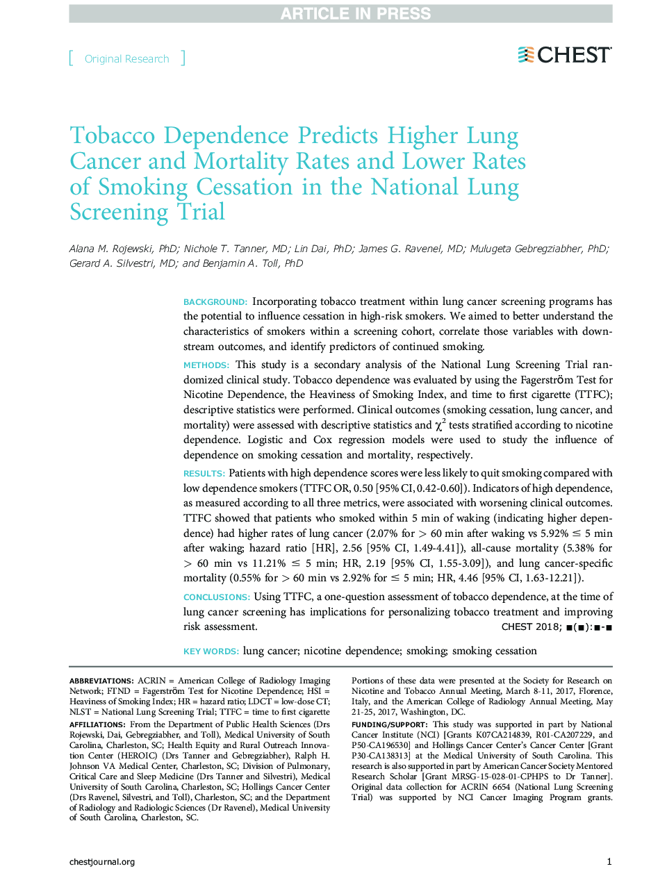 Tobacco Dependence Predicts Higher Lung Cancer and Mortality Rates and Lower Rates of Smoking Cessation in the National Lung Screening Trial