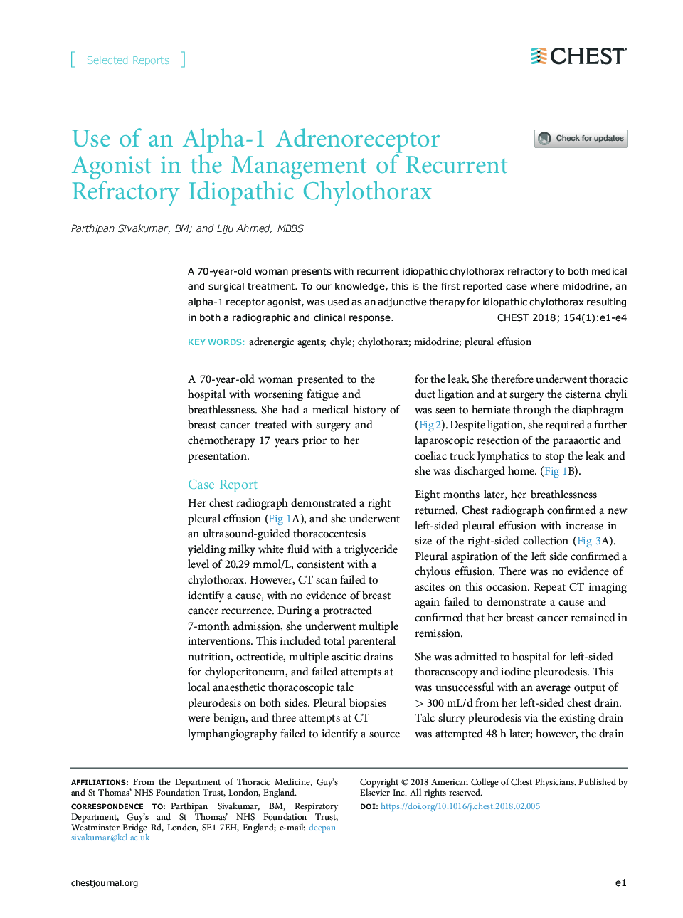 Use of an Alpha-1 Adrenoreceptor Agonist in the Management of Recurrent Refractory Idiopathic Chylothorax