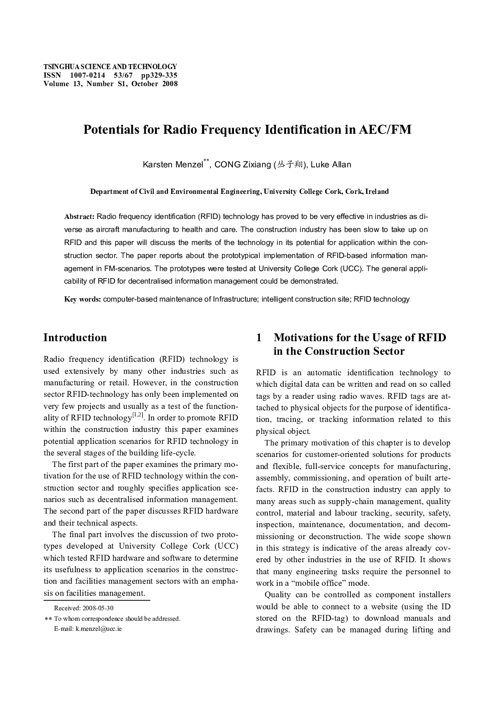 Potentials for Radio Frequency Identification in AEC/FM