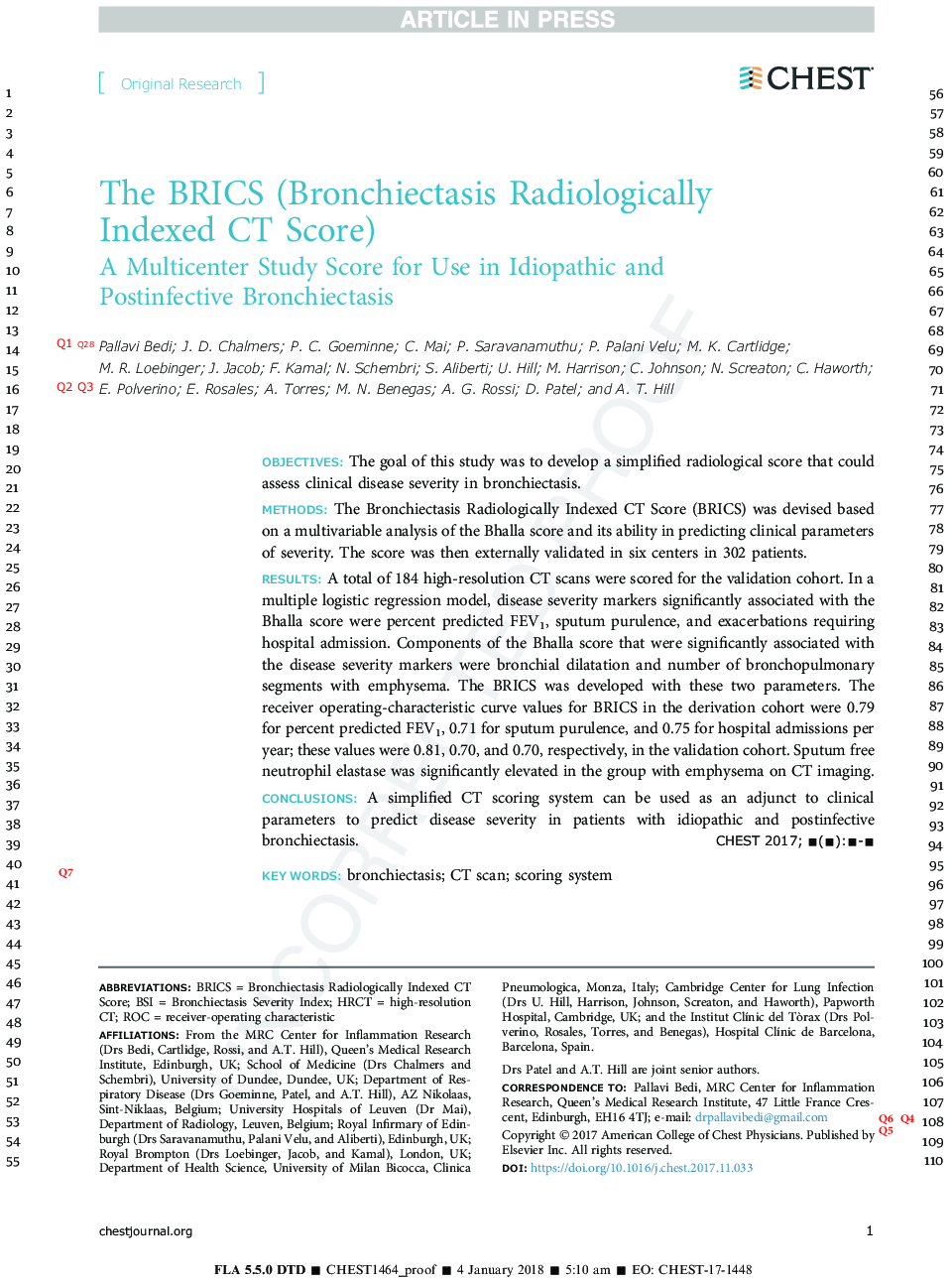 The BRICS (Bronchiectasis Radiologically Indexed CT Score)