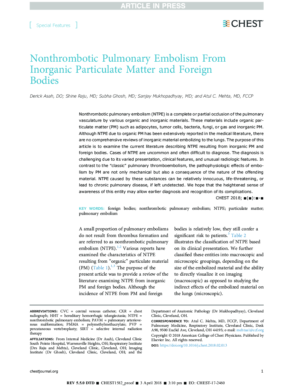 Nonthrombotic Pulmonary Embolism From Inorganic Particulate Matter and Foreign Bodies