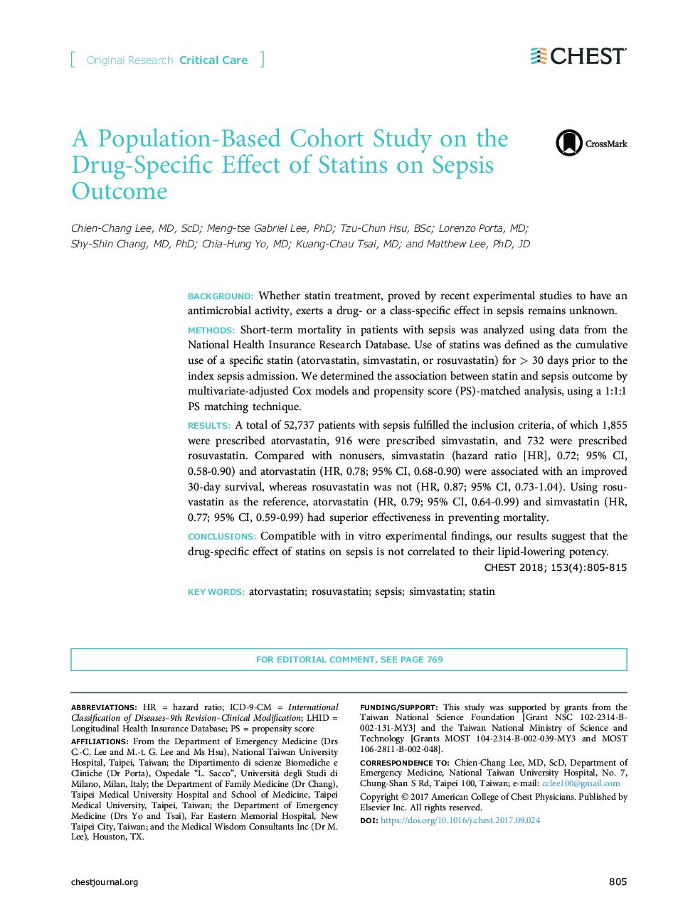 A Population-Based Cohort Study on the Drug-Specific Effect of Statins on Sepsis Outcome